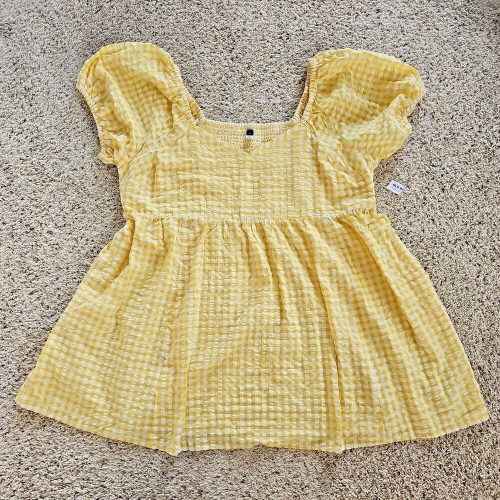 Old Navy Womens Yellow Gingham Puff Sleeve Smocked Milkmaid Dress 4X Gauzy PinUp